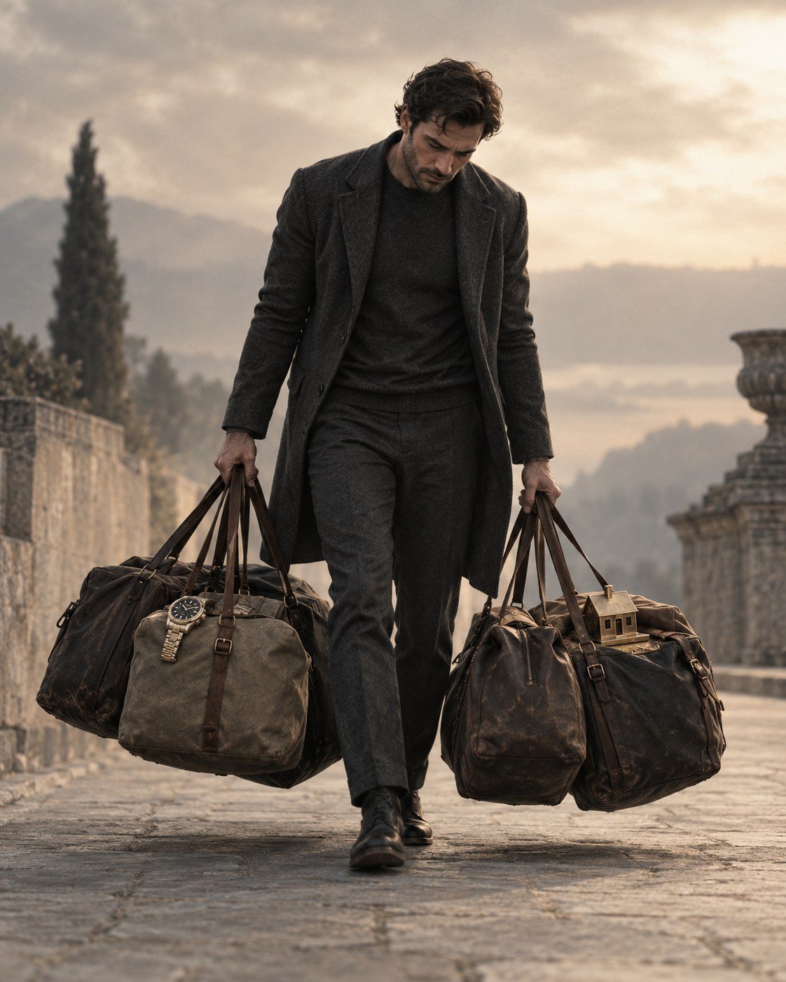 A man weighed down by bags carrying symbols of achievement