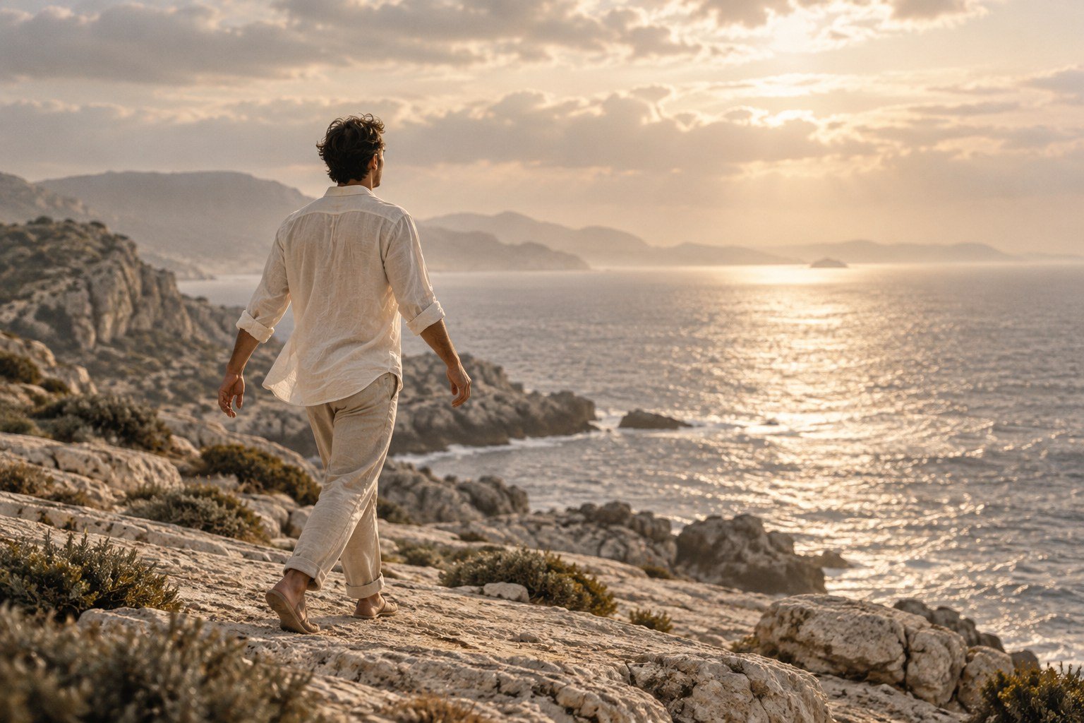 An unburdened man walking along an open coastline