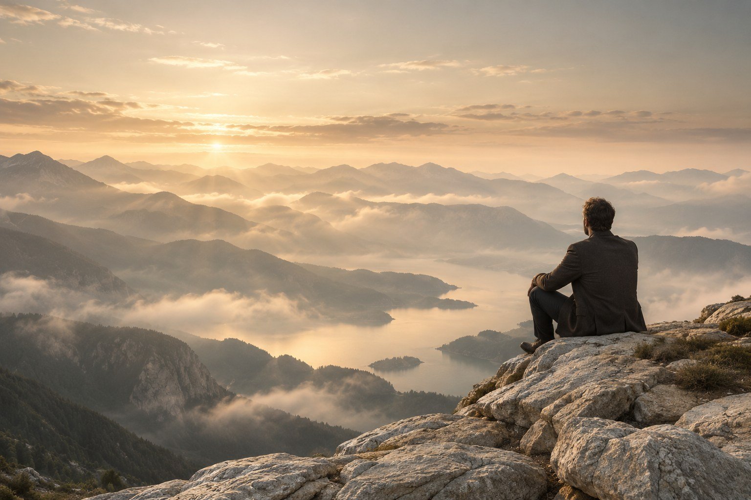 A man at a mountain summit looking across a vast valley